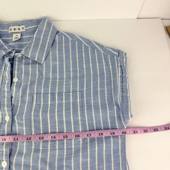 Da-sh XL Striped Blue White Cap Sleeve Button Up Women's Cotton Blouse Coastal - Picture 11 of 12